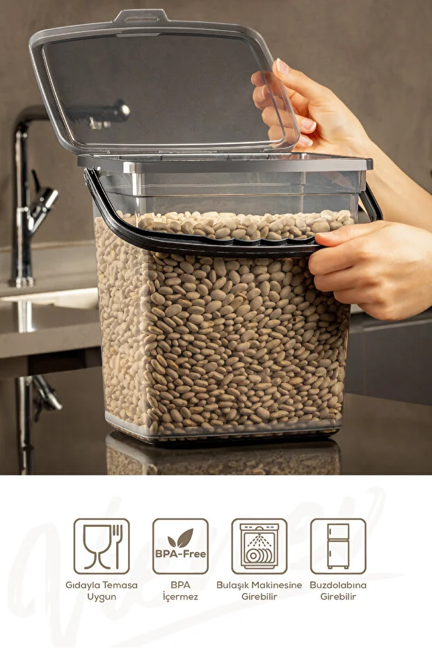 4 Adet Kare Un Bakliyat Kabı 6 Litre - Kulplu Deterjanlık Saklama Kutusu Kabı Antrasit